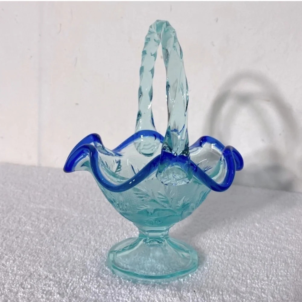Vintage Fenton Intaglio Tranquility Basket Aqua Cobalt Blue Edge Flowers Leaves